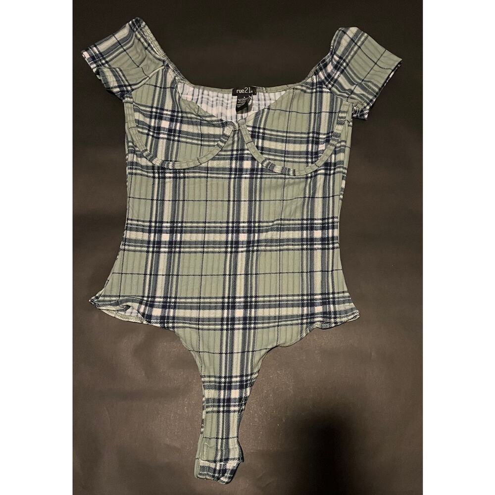 RUE 21 Small Green Plaid Corset Bodysuit Thong Snaps NWT